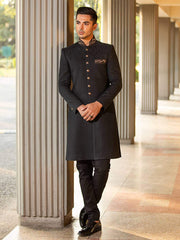 Black Sherwani in Karandi Jawiawar with Embroidery