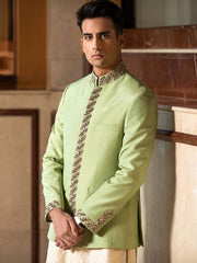 Mohtaram - Bandhgala Jacket in Arcadian Green Raw Silk