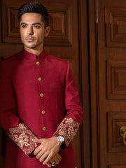 Bandhgalla Jacket in Red Raw Silk with Hand Embroidered Cuffs & Metallic Buttons