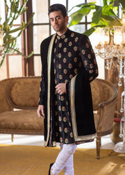 Sherwani in Black Velvet with Hand Embroidery