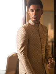 Traditional Sherwani in Beige & Gold Scalloped Embroidery