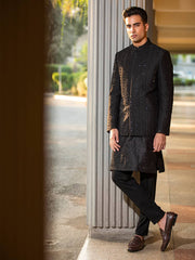 Bandhgalla Jacket in Black Raw Silk with Embroidery and Rhinestones