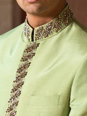 Mohtaram - Bandhgala Jacket in Arcadian Green Raw Silk