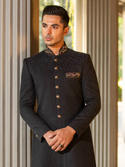 Black Sherwani in Karandi Jawiawar with Embroidery