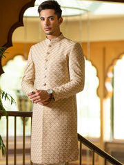 Traditional Sherwani in Beige & Gold Scalloped Embroidery