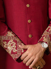 Bandhgalla Jacket in Red Raw Silk with Hand Embroidered Cuffs & Metallic Buttons