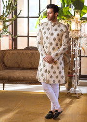 Sherwani in Ivory Raw Silk with Hand Embroidered Motifs