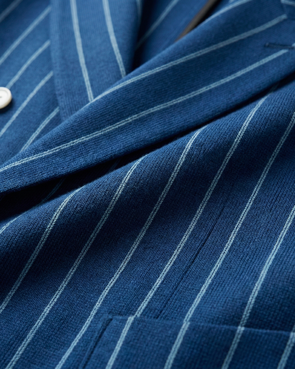 Close-up of a blue pinstripe fabric with a button