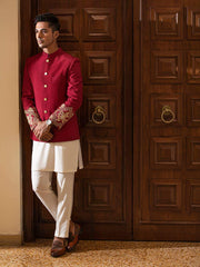 Bandhgalla Jacket in Red Raw Silk with Hand Embroidered Cuffs & Metallic Buttons