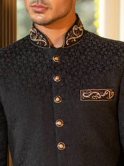 Black Sherwani in Karandi Jawiawar with Embroidery