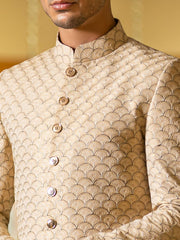 Traditional Sherwani in Beige & Gold Scalloped Embroidery