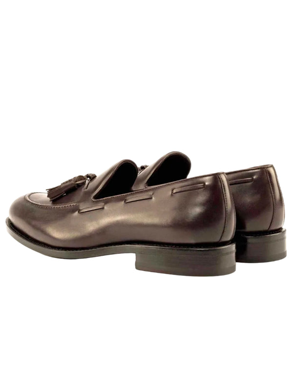Pair of brown loafers with tassels on a white background
