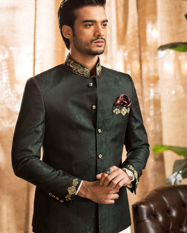 Traditional Bandhgalla in Green Brocade Jamiawar with Embroidery