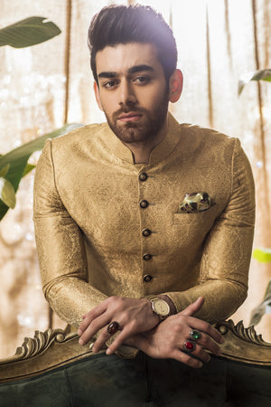 Tradtional Sherwani in Golden Jacquard Jamiawar