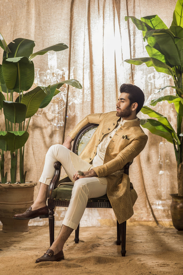 Tradtional Sherwani in Golden Jacquard Jamiawar