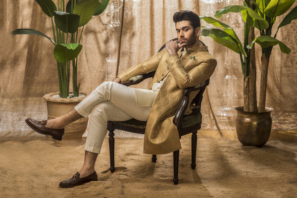 Tradtional Sherwani in Golden Jacquard Jamiawar