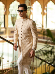 Traditional Sherwani in Beige & Gold Scalloped Embroidery