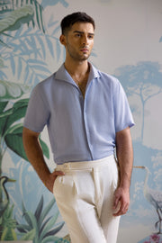 Sky Blue Linen Shirt with Short Sleeves & One Piece Collar