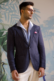 Navy Pinstriped Sport Jacket in Wool, Silk & Linen