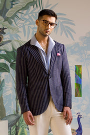 Navy Pinstriped Sport Jacket in Wool, Silk & Linen