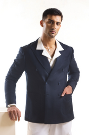 Double Breasted, Linen Sport Jacket in Midnight Blue