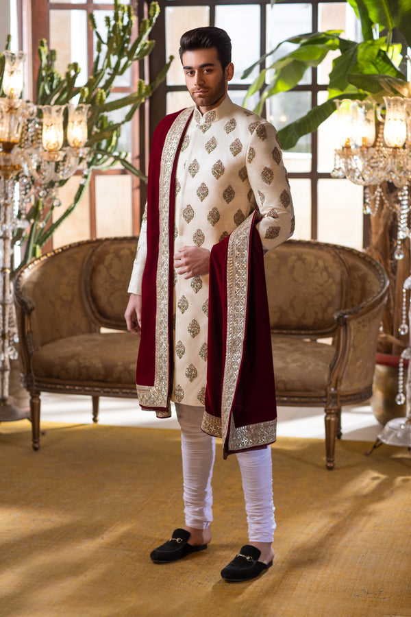 Man wearing a traditional sherwani in a decorated room with plants and furniture.