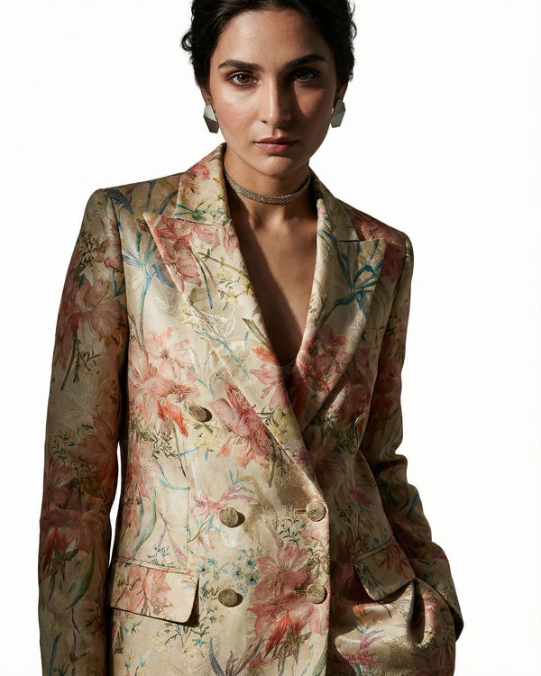 Woman wearing a floral blazer on a white background