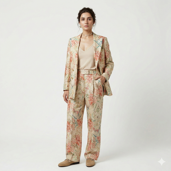 Woman wearing a floral suit on a white background