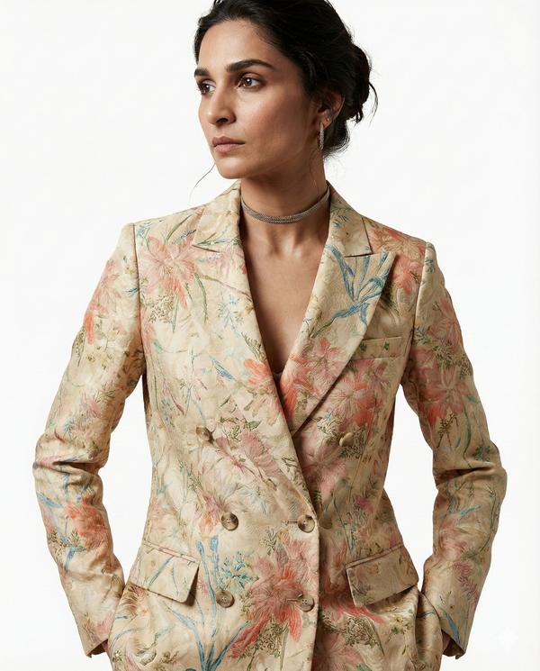 Woman wearing a floral blazer on a white background