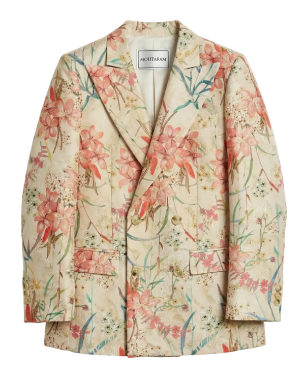 Floral patterned blazer on a white background