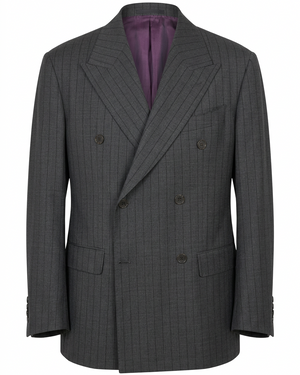 A dark gray double-breasted pinstripe suit jacket with a purple satin inner lining, displayed on a clean white background.
