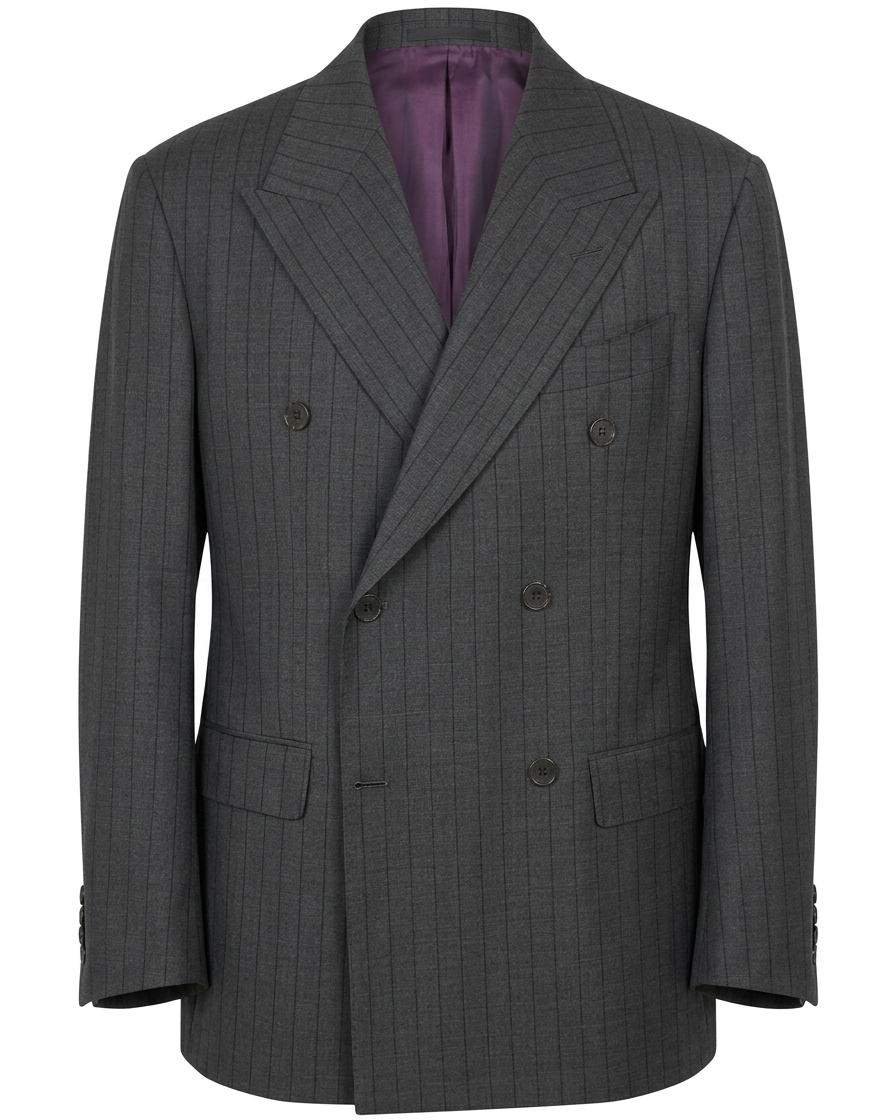 A dark gray double-breasted pinstripe suit jacket with a purple satin inner lining, displayed on a clean white background.