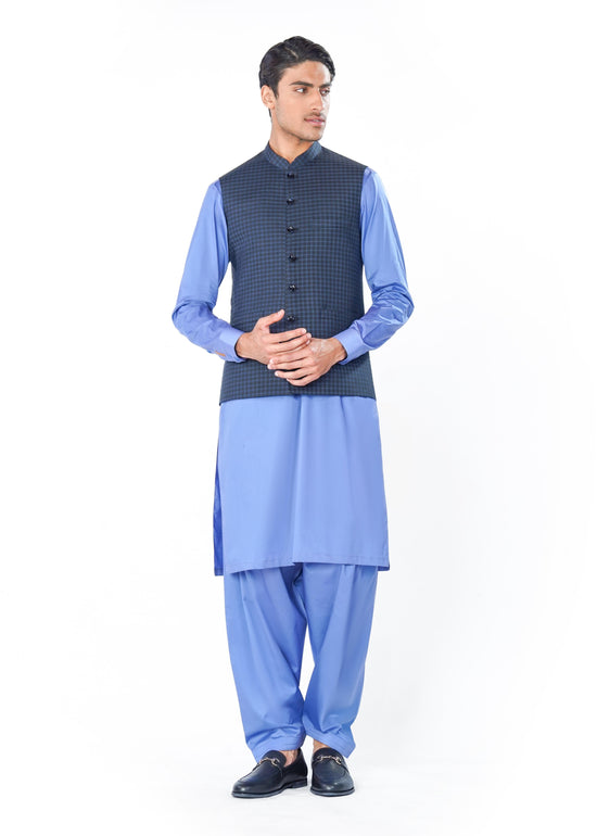 Blue Waistcoat in Gingham Pattern