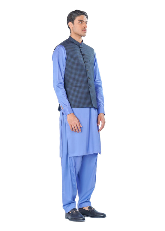 Blue Waistcoat in Gingham Pattern