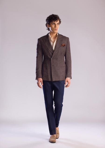 Brown Pinstripe Double-Breasted Sport Jacket in Linen Cashmere & Silk