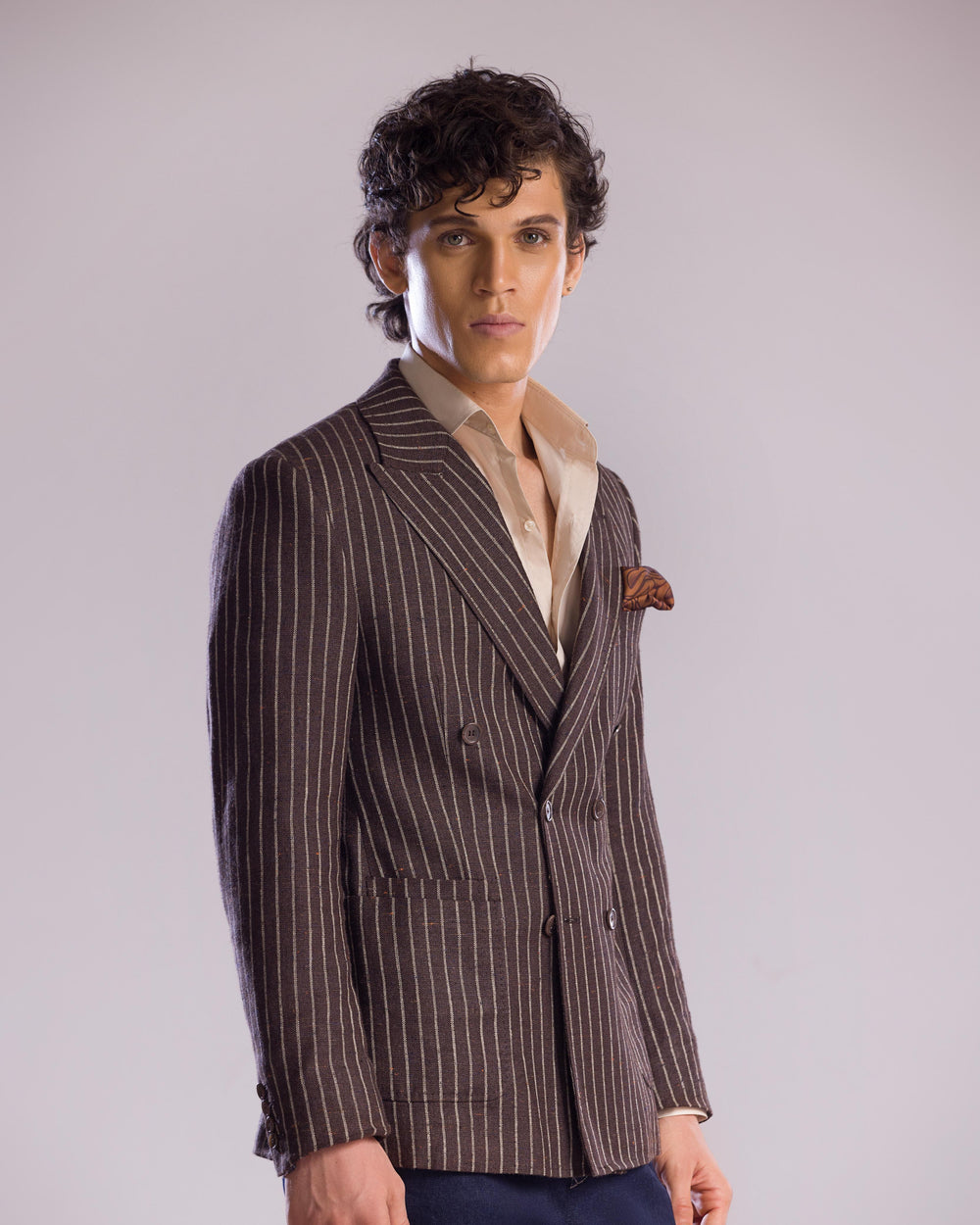 Brown Pinstripe Double-Breasted Sport Jacket in Linen Cashmere & Silk