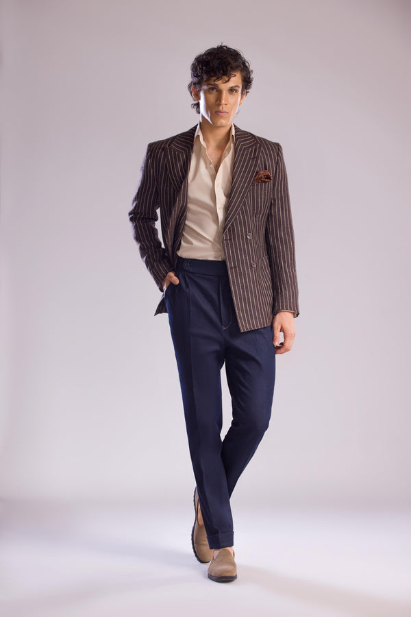 Brown Pinstripe Double-Breasted Sport Jacket in Linen Cashmere & Silk
