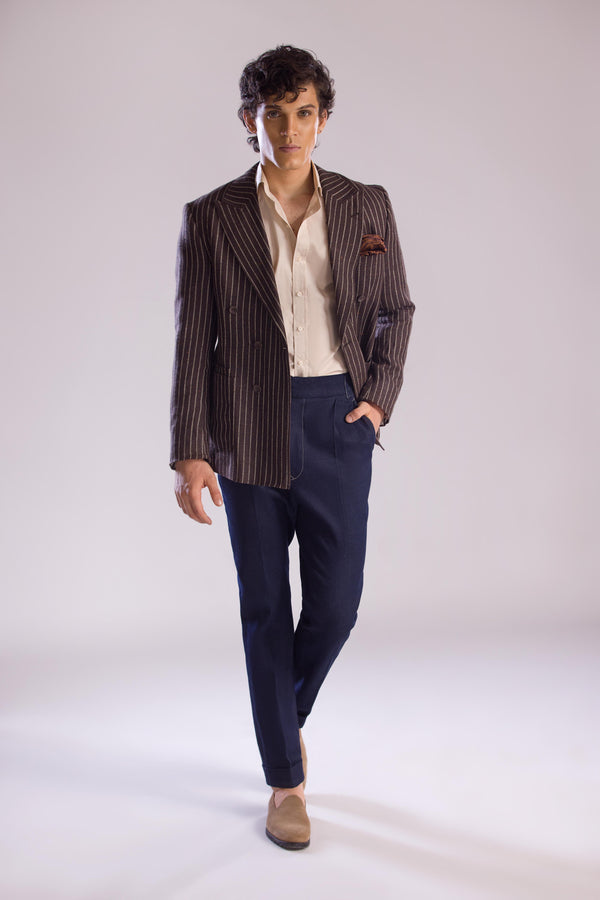 Brown Pinstripe Double-Breasted Sport Jacket in Linen Cashmere & Silk