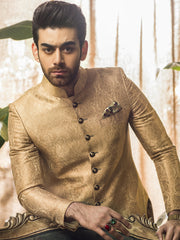 Tradtional Sherwani in Golden Jacquard Jamiawar