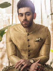 Tradtional Sherwani in Golden Jacquard Jamiawar