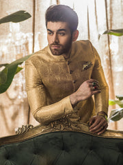 Tradtional Sherwani in Golden Jacquard Jamiawar