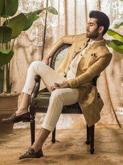 Tradtional Sherwani in Golden Jacquard Jamiawar