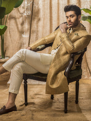 Tradtional Sherwani in Golden Jacquard Jamiawar