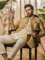 Tradtional Sherwani in Golden Jacquard Jamiawar