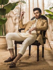 Tradtional Sherwani in Golden Jacquard Jamiawar