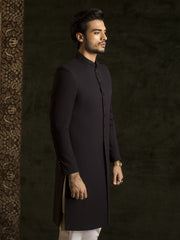 Black Sherwani in Tropical Woven Fabric with Embroidered Neckline