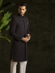 Black Sherwani in Tropical Woven Fabric with Embroidered Neckline