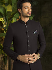 Black Sherwani in Tropical Woven Fabric with Embroidered Neckline