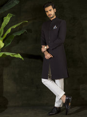 Black Sherwani in Tropical Woven Fabric with Embroidered Neckline