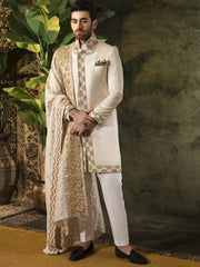 Off-White Sherwani in Raw Silk with Hand-Embroidery